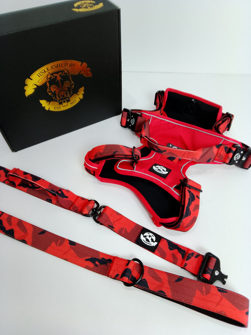 Unleashed K9 Range Harness and Leash Set Red Camio - XL