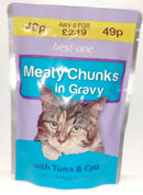 Meaty Chunks Wet Cat Food Tuna and Cod in Gravy 5 x 100g Pouches