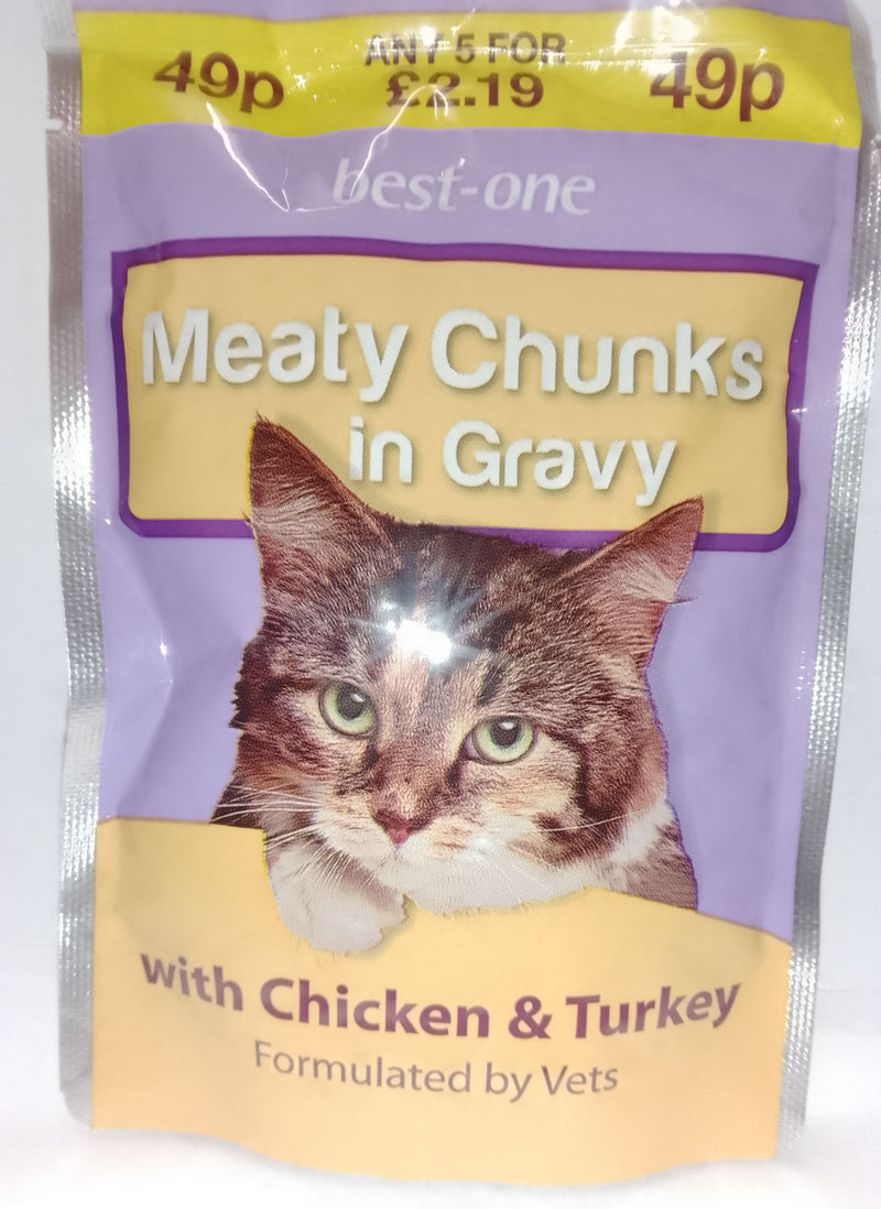 Meaty Chunks Wet Cat Food Chicken and Turkey in Gravy 5 x 100g Pouches