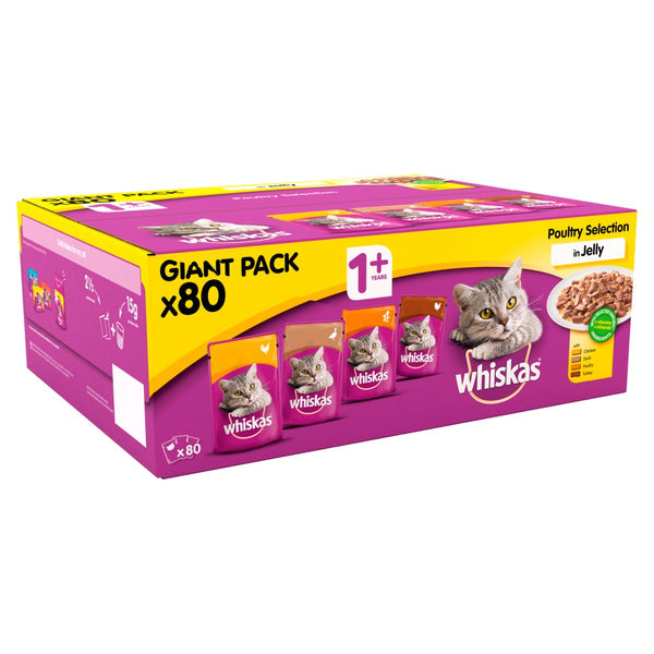 Whiskas 1+ Poultry Selection Cat Food in Jelly 80 x 85g Pouches